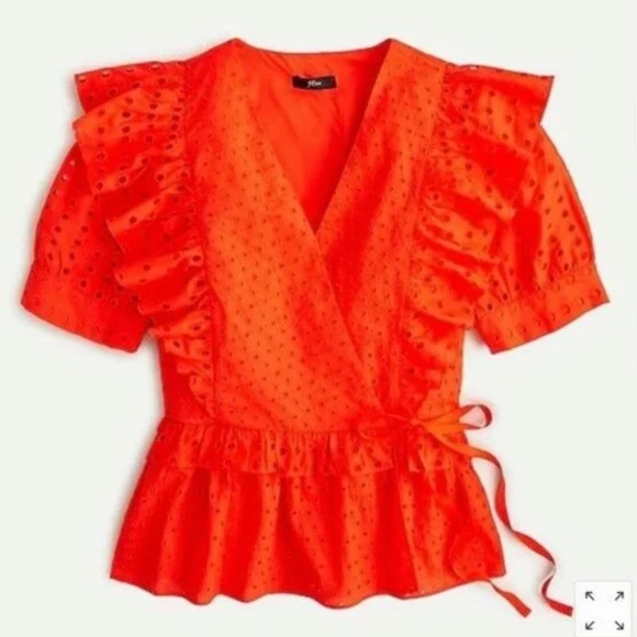 J. Crew Elegant Red Eyelet Blouse Top Ruffle Wrap